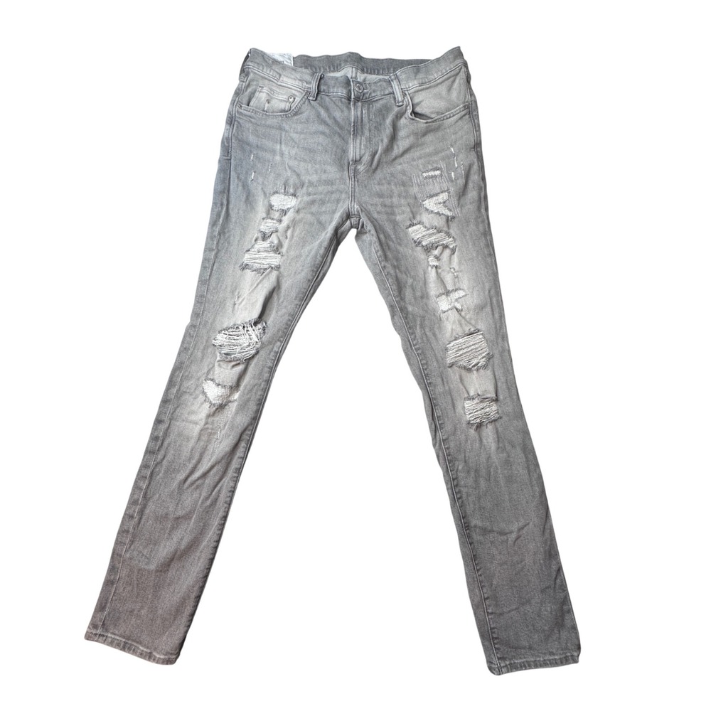 H&M Jeans Mens 34x32 Skinny Distressed Ripped Grey Charcoal Wash Stretch Denim